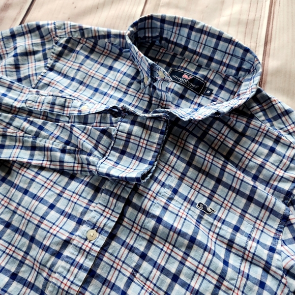 Vineyard Vines "Classic Fit Plaid Twill Long Sleeve Shirt" Blue | Men's Size M - Picture 2 of 9